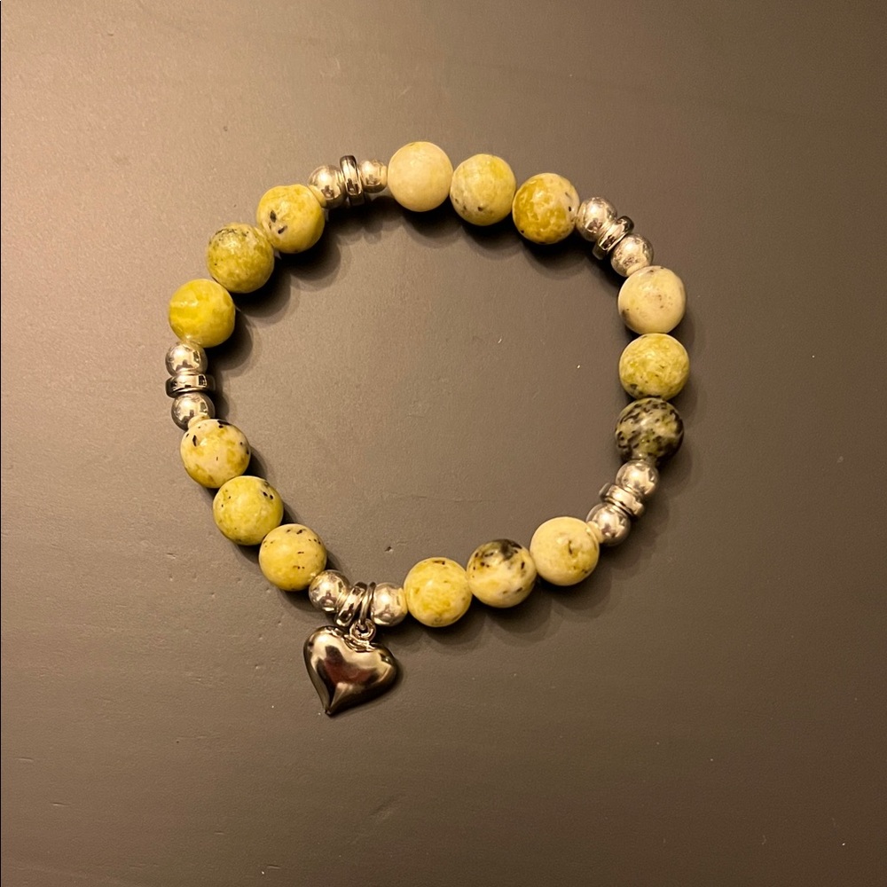 Hand Crafted Yellow and Silver Beaded Bracelet with Heart Charm